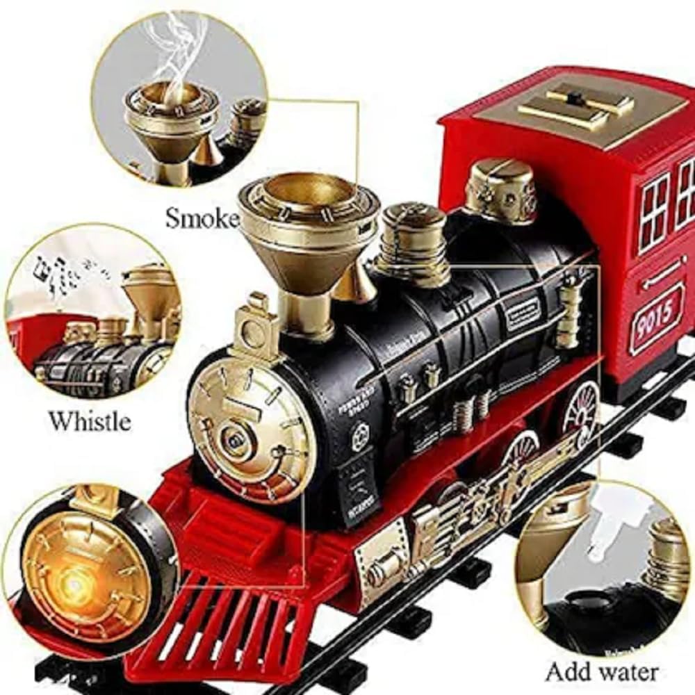UCRAVO Electric Toy Train Set with Real Smoke, Lights Sound Steam Engine Railway Track Set for Kids 3+ Years, Battery Operated Classic Train with Cargo Coaches,Musical Train Toy Gift for Boys & Girls