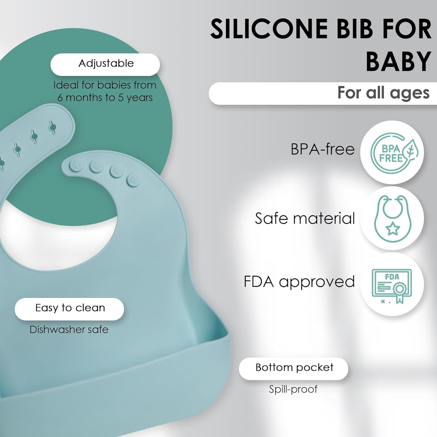UCRAVO Baby Silicone Feeding Bib with Extra Wide Food Catch Pocket 100% Waterproof & BPA-Free Soft Silicone Toddler Bibs – Adjustable Neck Snap Buttons Mess-Free Reusable & Dishwasher Safe Bib - Blue