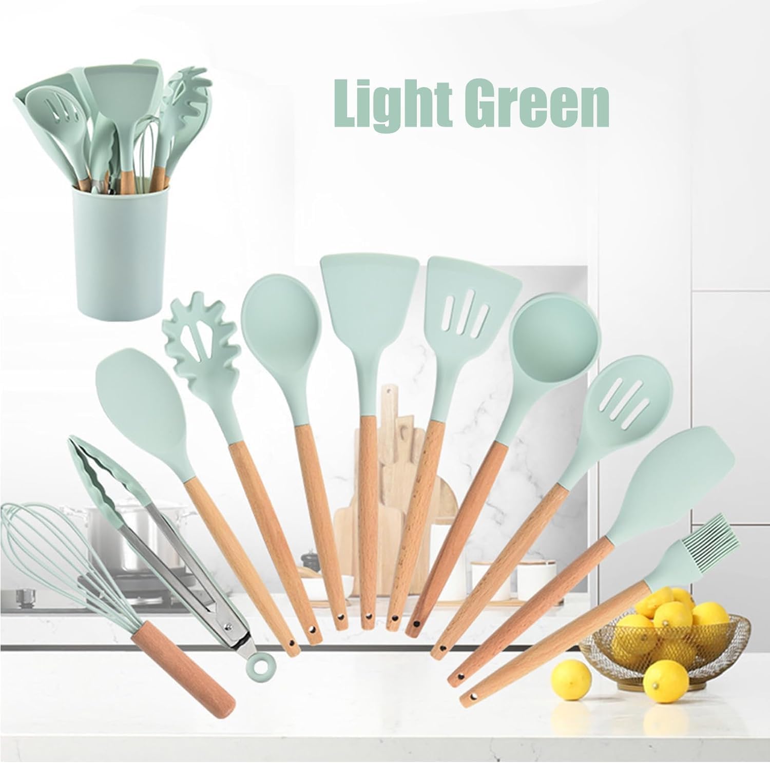 UCRAVO 12 Pc Silicone Kitchen Utensils & Spatula Set (Green) | Non-Stick Cooking/Baking Tools with Wooden Handle | BPA-Free, Heat-Resistant Flexible Silicon Cookware for Non-Stick Pans