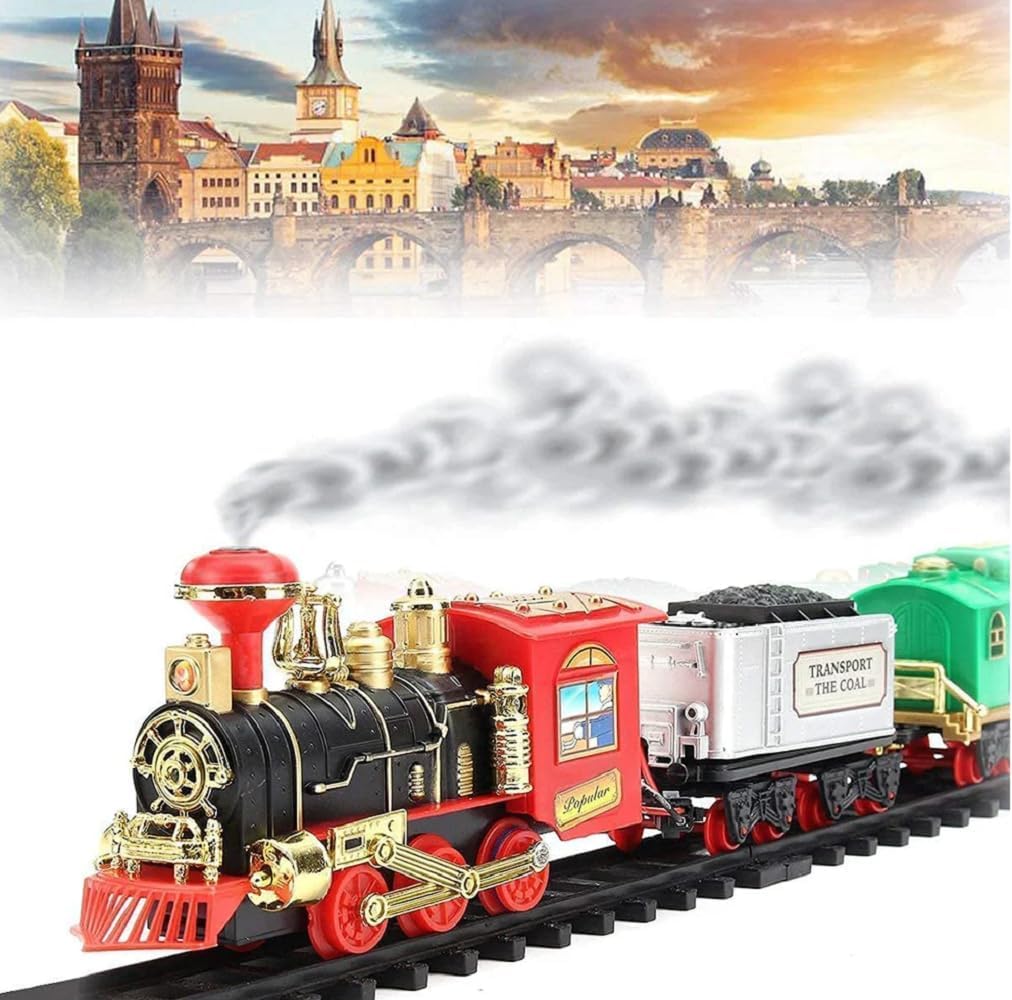 UCRAVO Electric Toy Train Set with Real Smoke, Lights Sound Steam Engine Railway Track Set for Kids 3+ Years, Battery Operated Classic Train with Cargo Coaches,Musical Train Toy Gift for Boys & Girls