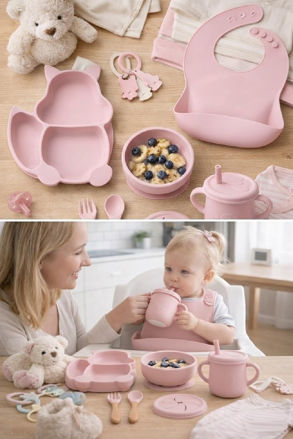 UCRAVO Pink Silicone Baby Feeding Set for Baby Girls 6 PS Baby Led Weaning Kit with Bowl & Animal Shape Divided Plate,Adjustable Food Catcher Bib,Leak Proof Straw Sippy Cup,Soft Silicone Spoon & Fork