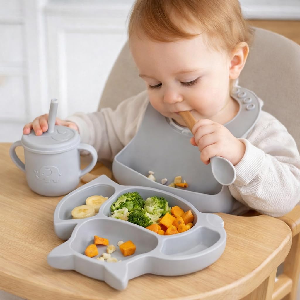 UCRAVO Grey Silicone Baby Feeding Set 6PCS Toddler Dinnerware Set with Strong Suction Bowl & Divided Plate, Adjustable Waterproof Bib with Food Catcher, Spill Proof Straw Sippy Cup, Baby Spoon & Fork