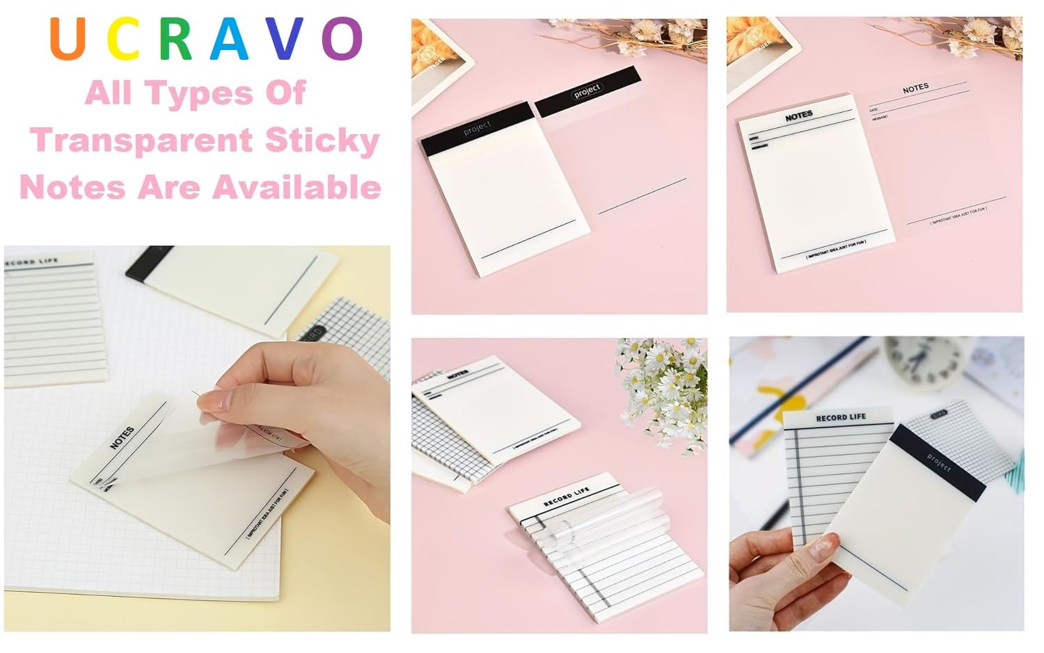 UCRAVO Transparent Sticky Notes Self-Stick Note Pads, Transparent Self Adhesive Removable Notes Perfect for Studying and Writing in Text Books Ideal for Studying, Writing, and Office Organization