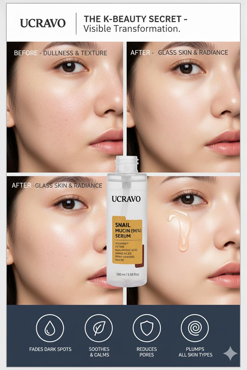 UCRAVO Snail Mucin Repairing Serum 100ml, Hydrating Serum for Face with Snail Secretion Filtrate for Dull Skin & Fine Lines, Korean Skin Care