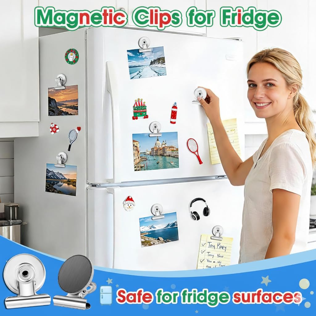 UCRAVO Pack of 4 Heavy Duty Magnetic Refrigerator Clips – Metal Magnet Clips for Whiteboard, Office, & Classroom – Strong Spring Memo Holder for Documents & Calendars