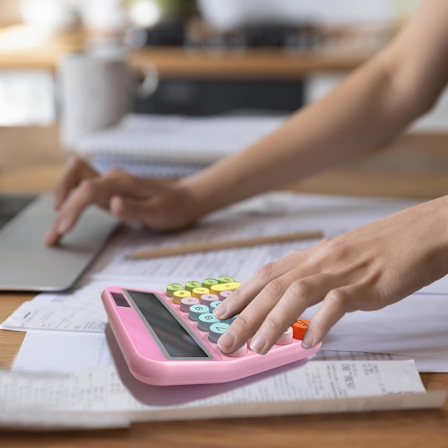 UCRAVO Cute Pink Calculator, 12-Digit Large LCD Display, Pastel Mechanical Round Button, Big Size Desktop Adding Machine for Office, School & Home, Aesthetic Stationery