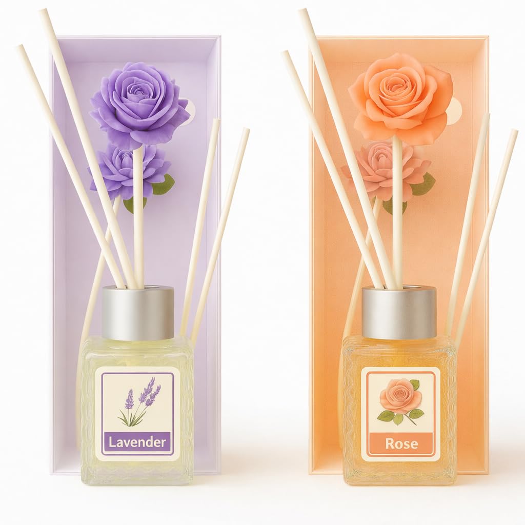 UCRAVO Lavender & Rose Home Fragrance Combo Premium Reed Diffuser Oil Set with Decorative Flower Sticks Long Lasting Floral Air Freshener for Bedroom, Living Room, Bathroom, Office & Spa (Pack of 2)