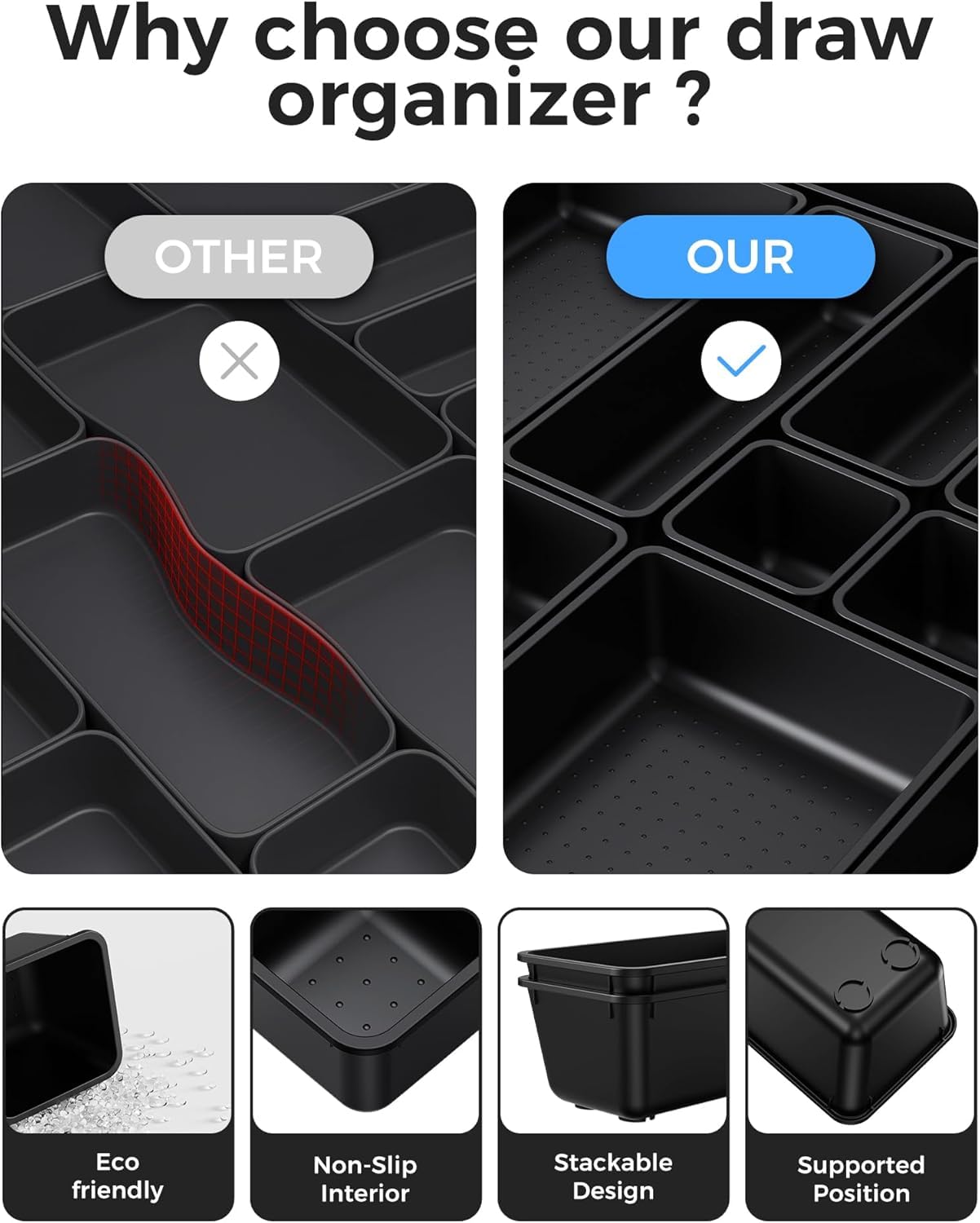 UCRAVO 8 Pcs Black Interlocking Desk Drawer Organizer Set | Multi-Size Plastic Storage Bins & Drawer Dividers for Home Office, Kitchen Cutlery, Stationery, and Vanity Makeup Storage