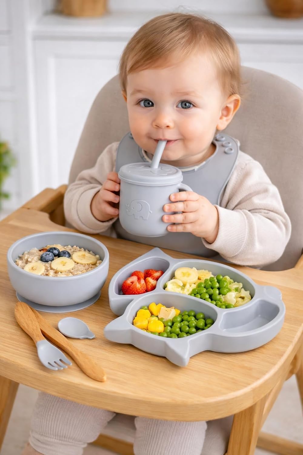 UCRAVO Grey Silicone Baby Feeding Set 6PCS Toddler Dinnerware Set with Strong Suction Bowl & Divided Plate, Adjustable Waterproof Bib with Food Catcher, Spill Proof Straw Sippy Cup, Baby Spoon & Fork