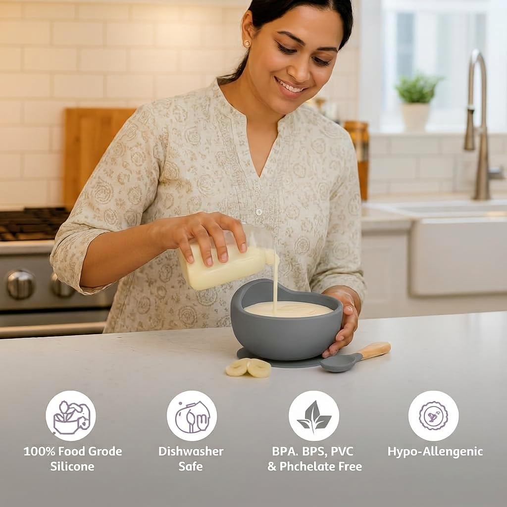 UCRAVO Grey Silicone Baby Feeding Bowl & Spoon Set with Strong Suction Base BPA Free Food Grade Baby Bowl for Toddler | Self Feeding Baby Led Weaning Essentials | Infant Silicone Bowl with Soft Spoon
