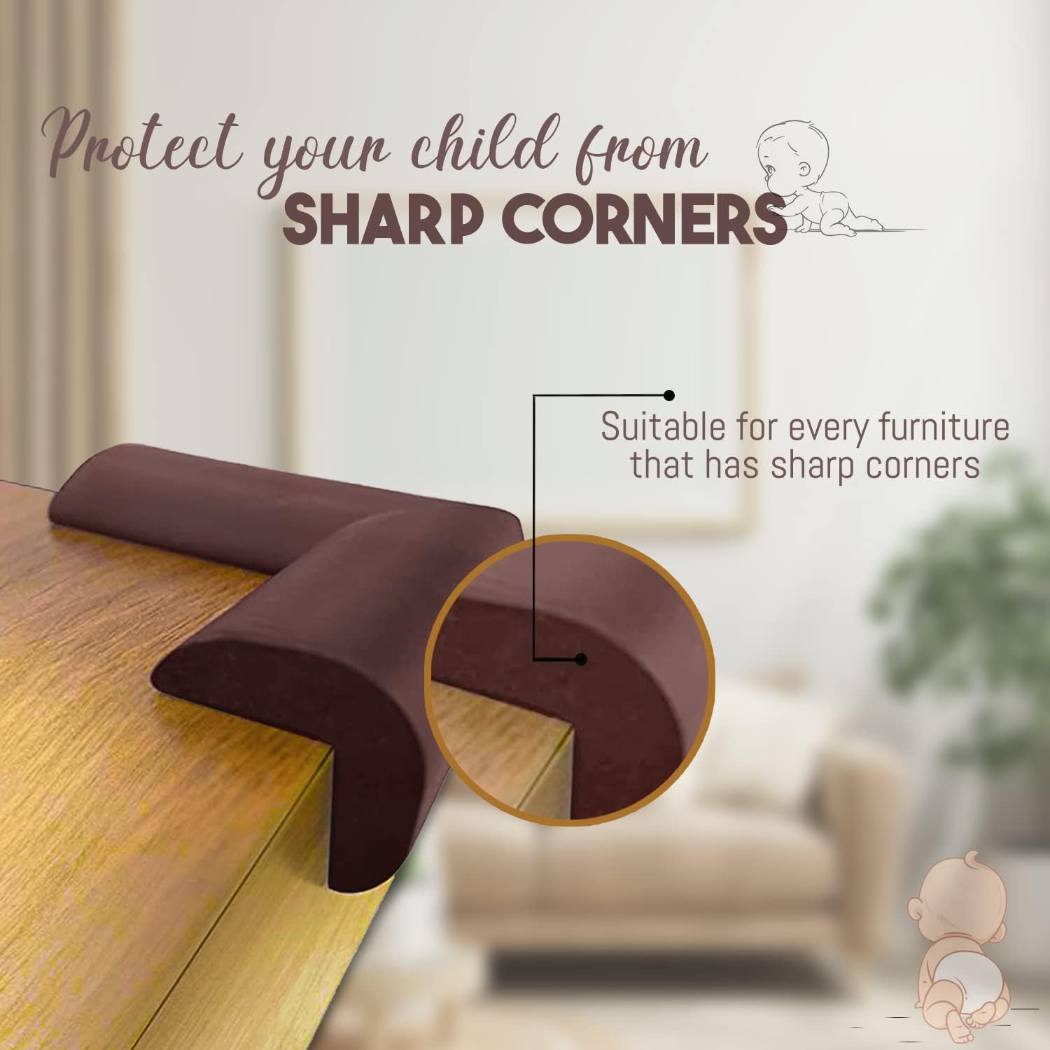 UCRAVO 8 pcs Brown Baby Safety Table Corner Protectors, Furniture Corner and Edge Safety Bumpers, Soft Rubber Foam Cushion Covers, 3M Taped Corner Guards, Baby Child Proofing Pads Rubber Corners