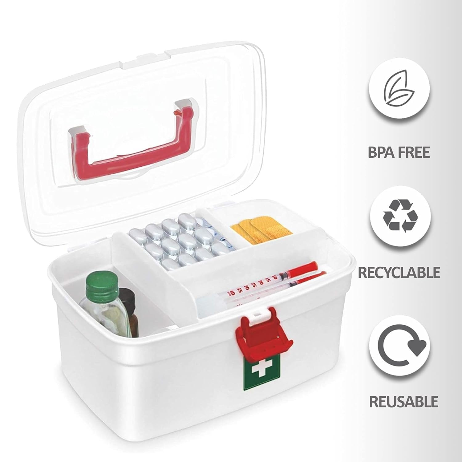 UCRAVO Medical Box, First Aid Empty Medicine Storage Box | Organizer | Attached Handle | Family Emergency Kit | Detachable Tray | Easily Accessible with a Transparent Lockable Lid (WHITE)