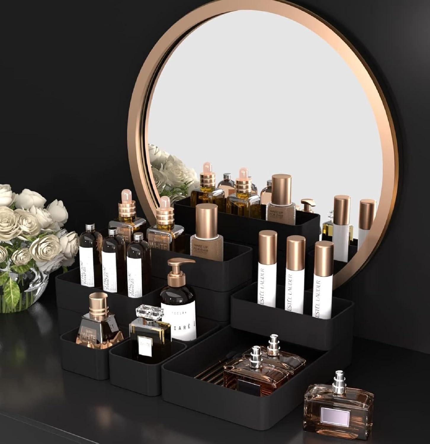 UCRAVO 16 PCS Black Desk Drawer Organizer Set for Office,Home,Kitchen & Makeup Multi-Size Plastic Drawer Dividers for Stationery,Cosmetics,Utensils Storage Trays for Neat, Tidy & Clutter-Free Drawers