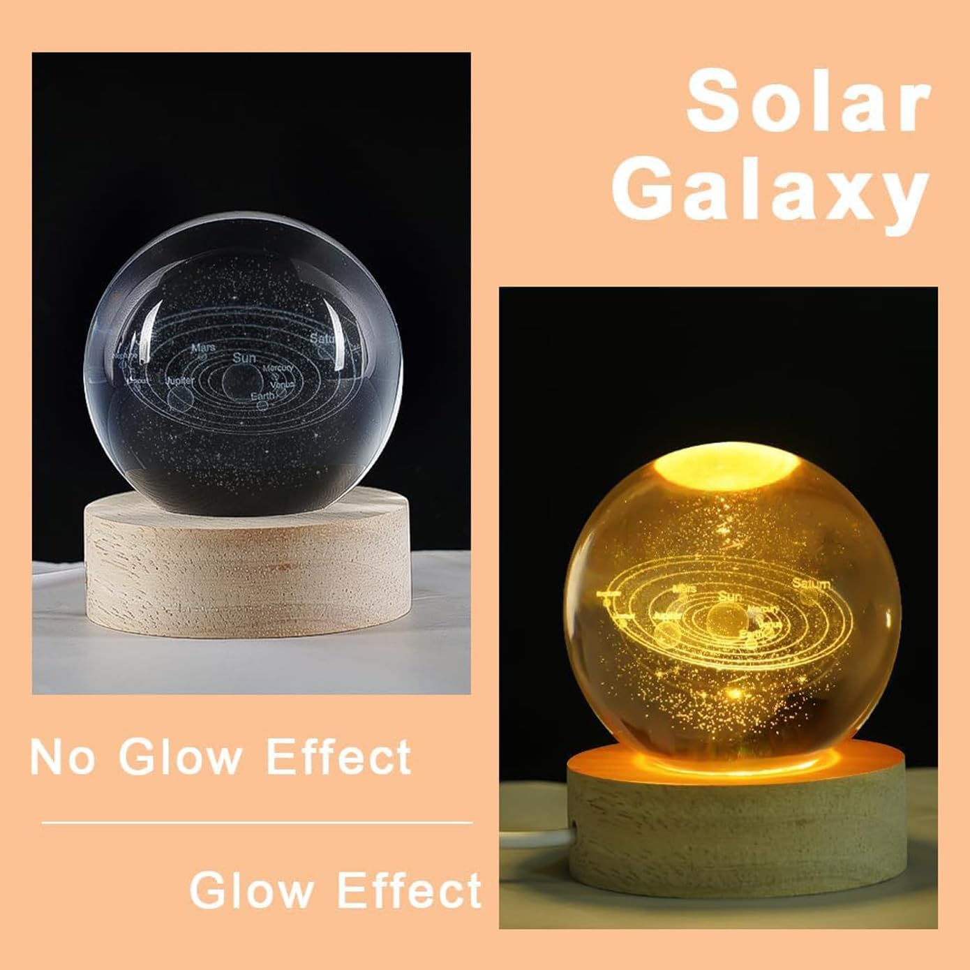 UCRAVO 3D Galaxy Crystal Ball with Wooden Base, 3D Crystal Ball Solar System, Planet Engraved Glass Ball Cosmic Model, Luminous Crystal Ball for Christmas Nightlight Astronomy Gifts for Kids Birthday
