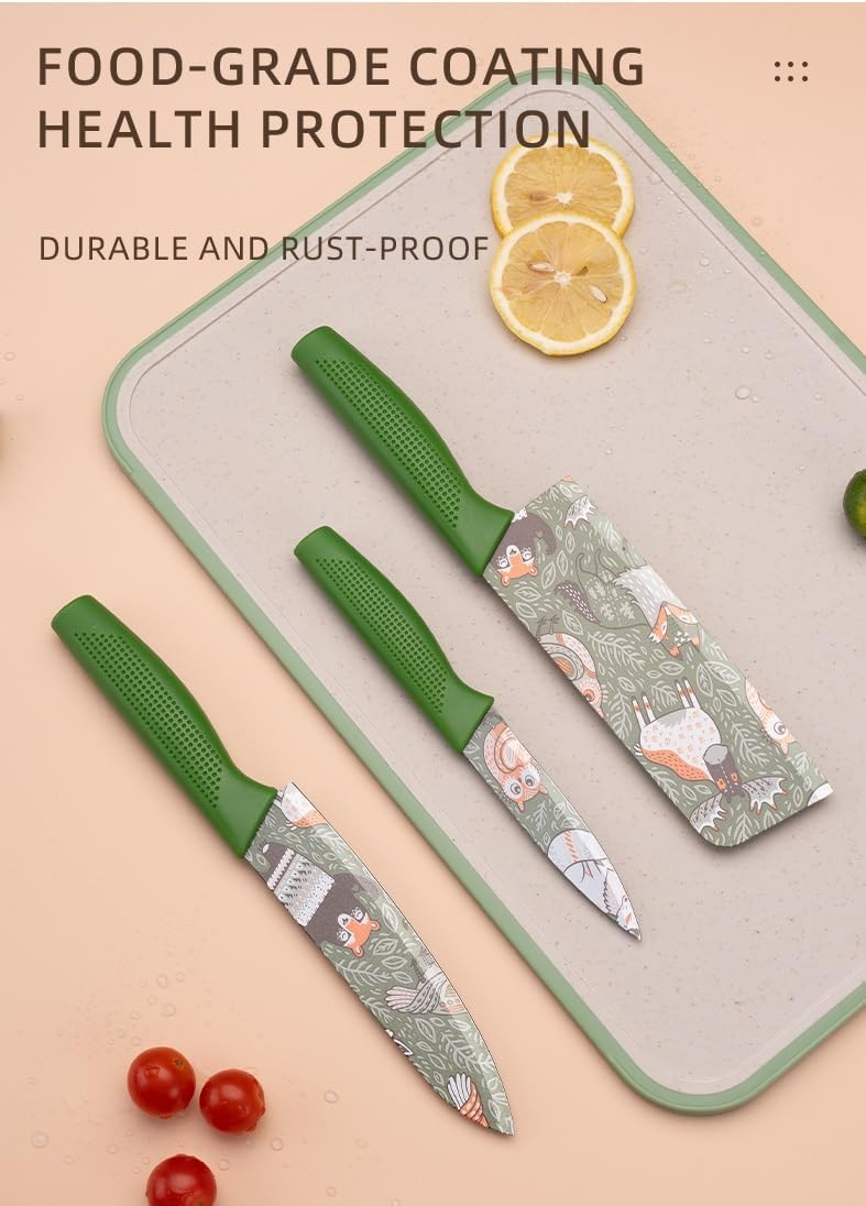 UCRAVO 3 Pcs Green Professional Kitchen Knife Set, Colorful Stainless Steel Chef Utility, Paring Knife, Razor Sharp Multipurpose Knives for Cutting Vegetables, Fruits, Bread with Non Slip Handle