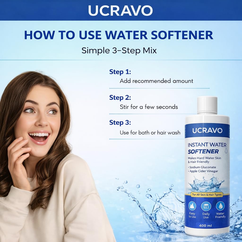UCRAVO Instant Water Softener for Hard Water Shower Hair &Skin Friendly pH Balanced Formula with Sodium Gluconate & Apple Cider Vinegar Reduces Hair Fall,Dandruff,Dry Skin & Itching Skin & Hair Types