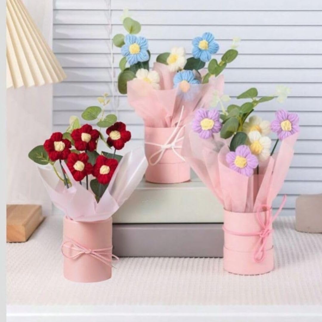 UCRAVO Crochet Flower Bouquet Handmade Knitted Artificial Flowers Cute Yarn Flower Mini Bouquet Gift Box,Aesthetic Romantic Gift for Girlfriend Wife Mom,Forever Flower Decoration for Desk Home Office