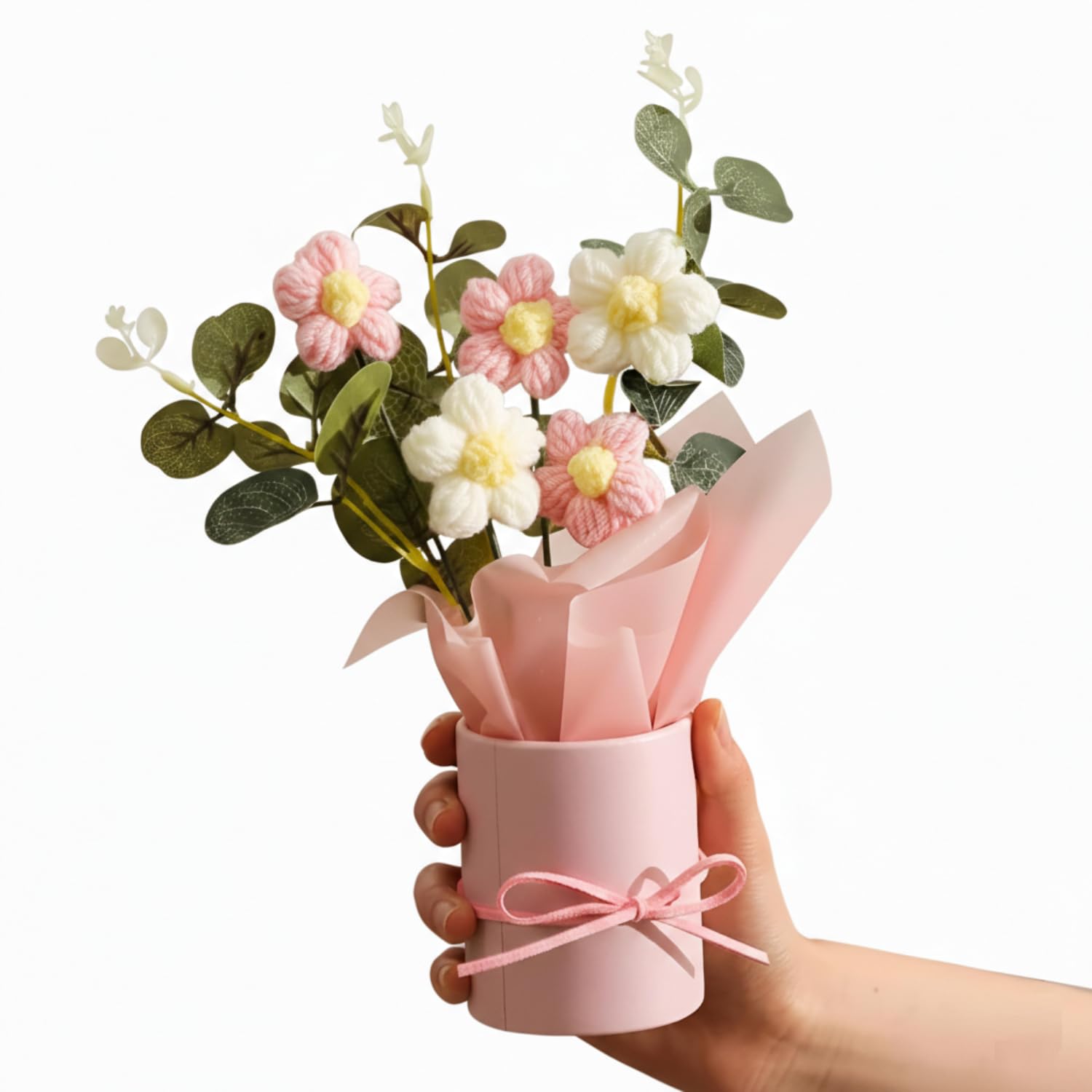 UCRAVO Artificial Flower Pot for Home Decor Premium Faux Flower Arrangement with Decorative Pot & Ribbon Tabletop Flower Vase for Living Room,Bedroom,Office,Gift for Birthday,Anniversary,Housewarming