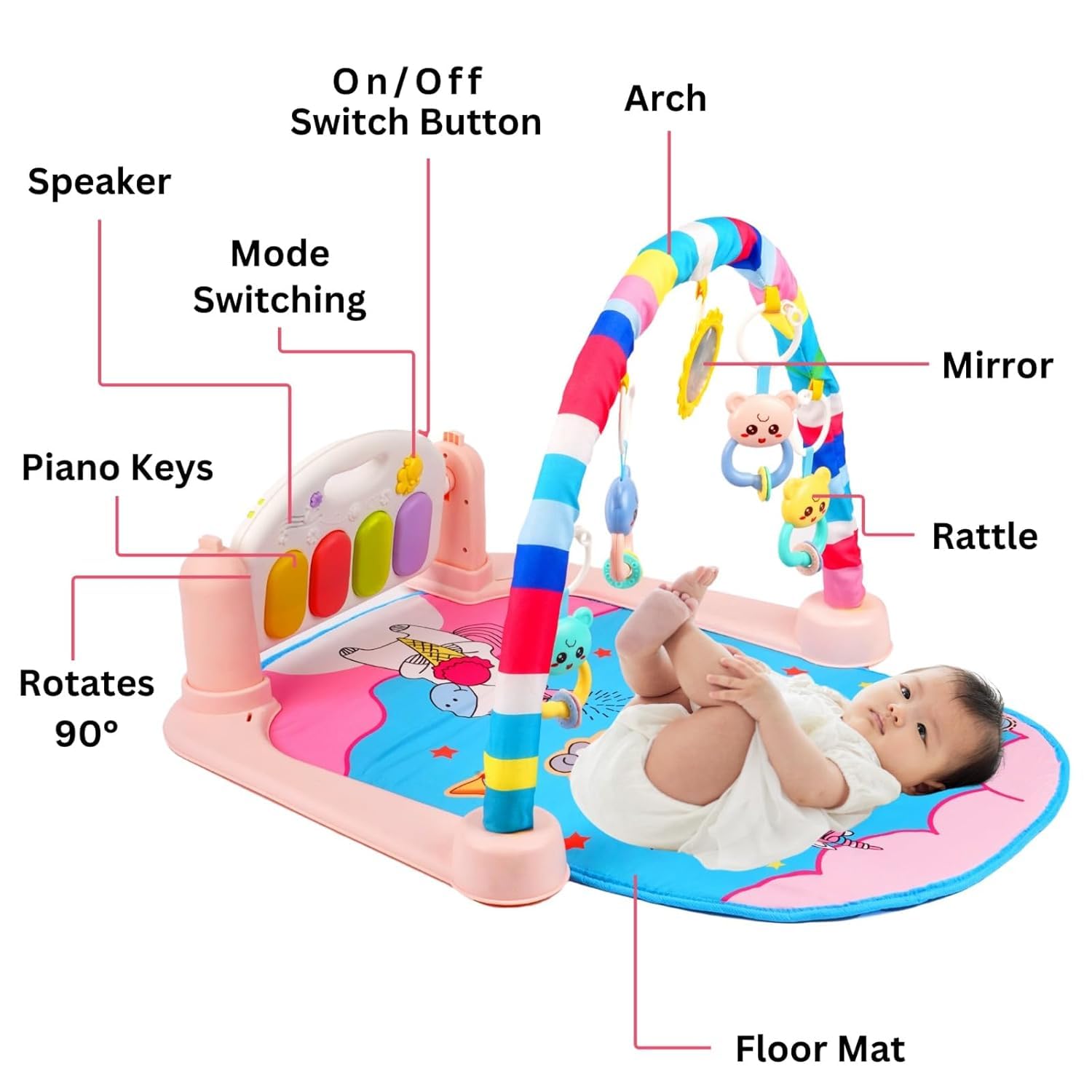 UCRAVO Baby Gym Play Mat with Hanging Toys Soft Tummy Time Activity Gym for Newborns/Infants Early Development Playmat with Music/Lights Musical Piano Keyboard Baby Shower Gift 6-Month Piano Warranty