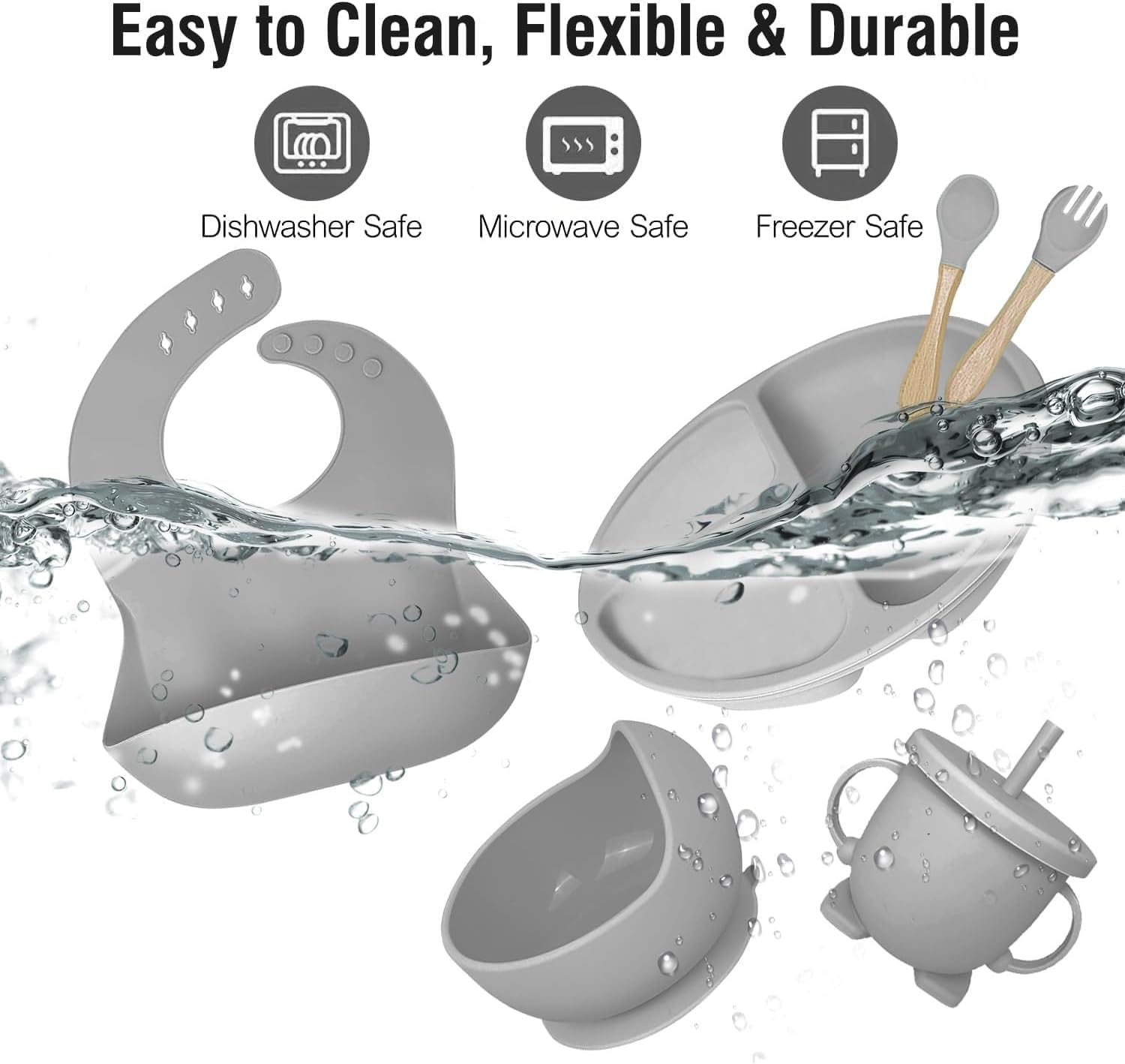 UCRAVO Grey Baby Feeding Set Premium Silicone Baby Led Weaning Set with Adjustable Bib,Divided Suction Plate,Suction Bowl,Baby Training Cup with Straw Lid,Spoon Fork Set,Feeding Essentials Tableware