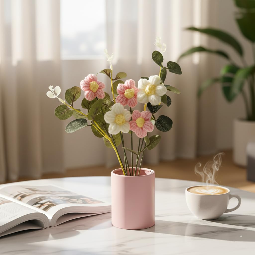 UCRAVO Artificial Flower Pot for Home Decor Premium Faux Flower Arrangement with Decorative Pot & Ribbon Tabletop Flower Vase for Living Room,Bedroom,Office,Gift for Birthday,Anniversary,Housewarming