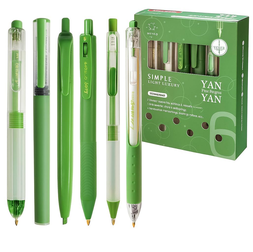 UCRAVO Gel Pens for Writing, 5 Pcs Blue Ink Gel Pen & 1 Pc Highlighter Pen,Comfortable Grip for Smooth Writing Pens Stationery for School & Office, Birthday Return Gift Blue Ink - GREEN