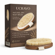 UCRAVO Natural Bristle Dry Body Brush with Long Wooden Handle for Exfoliation – Body Scrubber for Glowing Skin, Lymphatic Drainage & Cellulite Reduction Perfect Bath Brush for Men & Women (Brown)