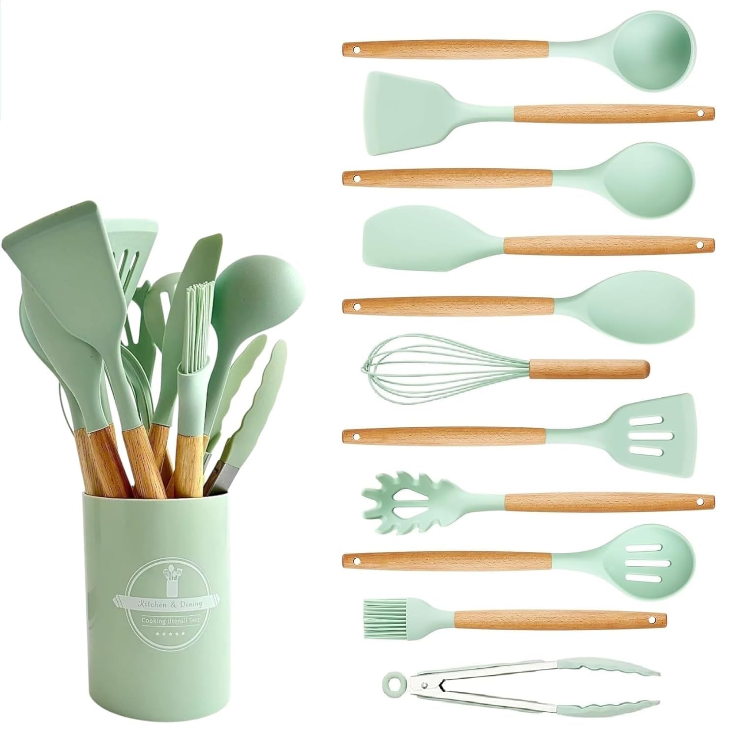UCRAVO 12 Pc Silicone Kitchen Utensils & Spatula Set (Green) | Non-Stick Cooking/Baking Tools with Wooden Handle | BPA-Free, Heat-Resistant Flexible Silicon Cookware for Non-Stick Pans