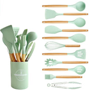UCRAVO 12 Pc Silicone Kitchen Utensils & Spatula Set (Green) | Non-Stick Cooking/Baking Tools with Wooden Handle | BPA-Free, Heat-Resistant Flexible Silicon Cookware for Non-Stick Pans