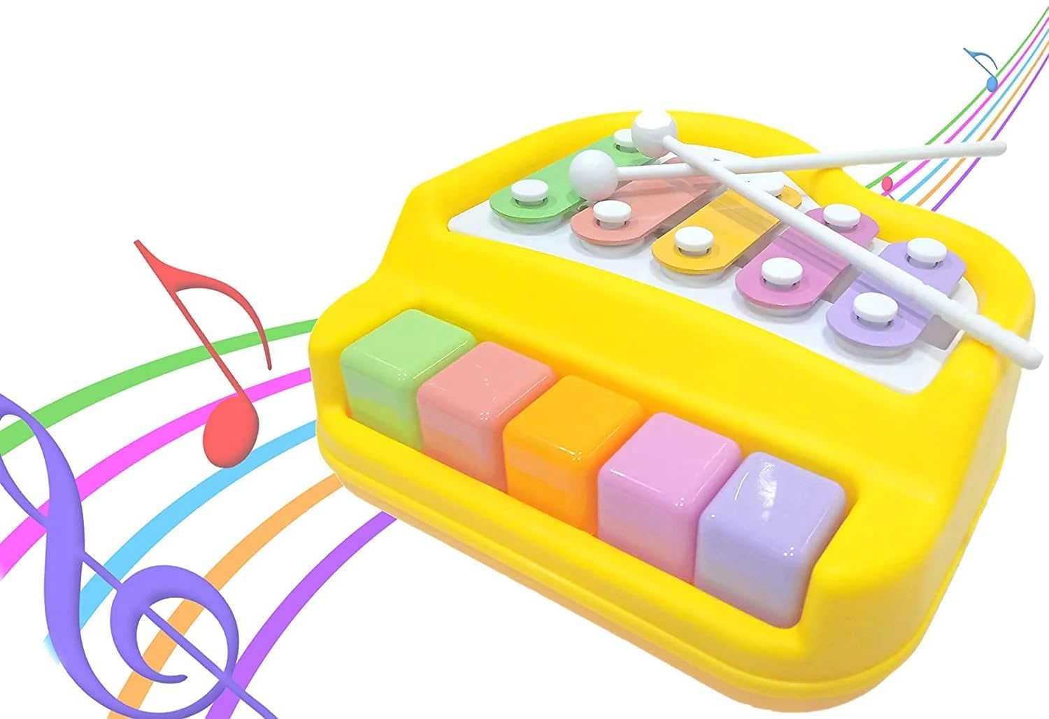 UCRAVO 2 in 1 Mini Piano and Xylophone Toy with Colorful Keys & 2 Mallets for Babies Educational Musical Instruments Toy Set with 5 Multicolored Key Scales Keyboard for Kids