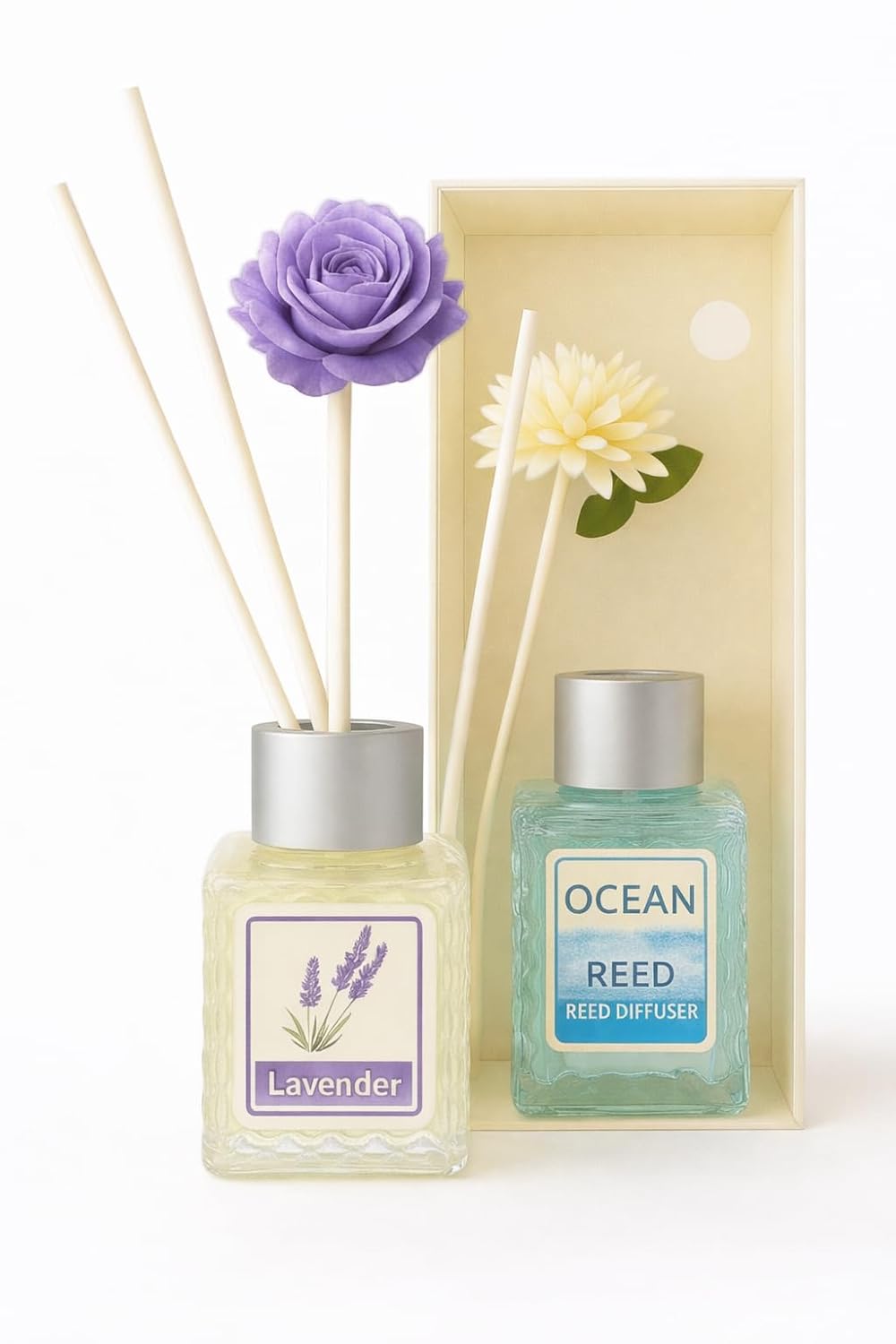 UCRAVO Lavender & Ocean Fragrance Reed Diffuser Combo | Relaxing Floral & Marine Aroma Set with Decorative Flower Reeds | Long Lasting Room Freshener for Bedroom,Living Room, Bathroom, Office & Spa