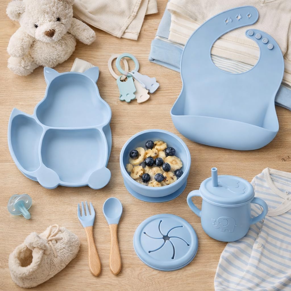 UCRAVO Blue Silicone Baby Feeding Set for Boys & Girls Baby Led Weaning Supplies with Suction Bowl and Divided Plate, Adjustable Silicone Bib,Leak Proof Straw Training Sippy Cup,Soft Tip Spoon & Fork