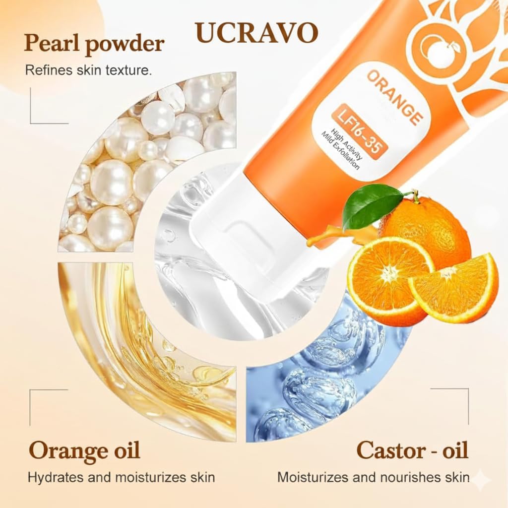 UCRAVO Orange Whitening Exfoliating Brightening Gel Vitamin C Dead Skin Removal Gels | Tan Removal Face & Body Exfoliator | Dark Spot Pigmentation Removal | Mild Peeling Gel for Glowing Skin Men Women