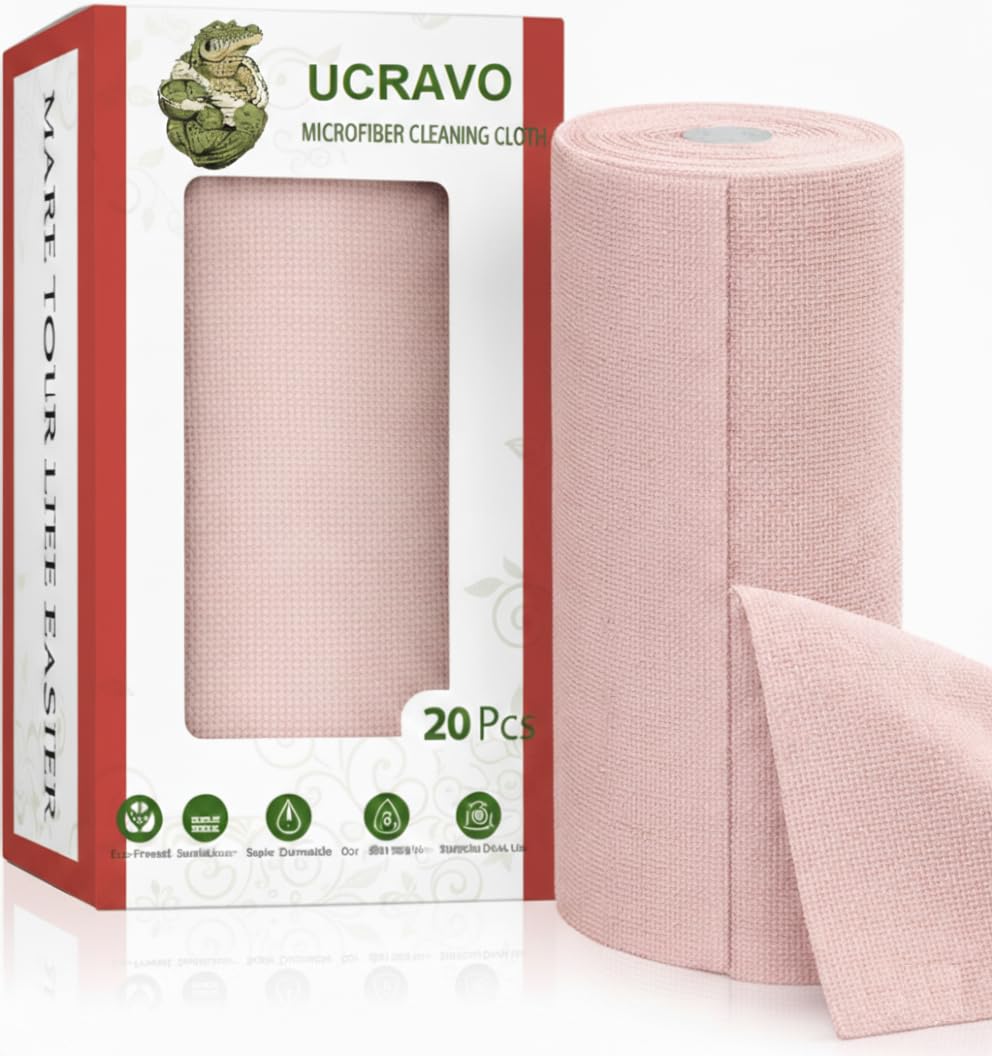 UCRAVO 1 Roll 20Pcs Pink Microfiber Cleaning Cloth - Pre-Cut Tear Away Microfiber Cleaning Cloth Roll | Highly Absorbent Reusable Multipurpose Cleaning Wipes | Dusting Cloth for Home Kitchen Furniture