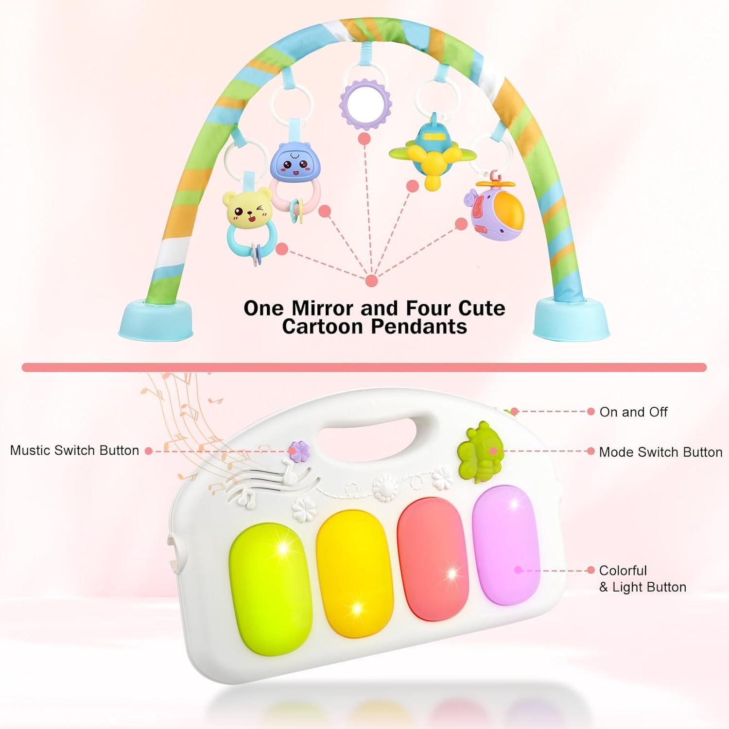 UCRAVO Play Gym Mat for Babies, 5-in-1 Indian Musical Keyboard Mat Piano Mat, Portable Baby Playing Mat for New Born with 5 Hanging Toys, Music & Lights, Indoor Activity for 0 to 12 Months Boys Girls