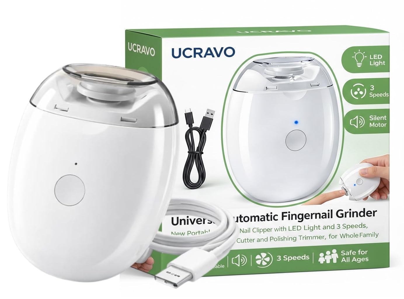 UCRAVO Portable Electric Nail Clipper Automatic Fingernail Grinder with LED Light,3 Adjustable Speeds,Silent Nail Cutter & Polishing Machine, USB Rechargeable Trimmer for Baby, Kids, Adults & Seniors