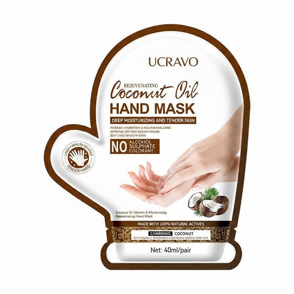 UCRAVO Coconut Oil Hand Mask Gloves - 2 Pair Deep Hydration & Moisture for Dry Hands Nails & Cuticles | Softening Spa Glove Treatment for Even Skin Tone | Lasting Care Moisturizing Hand Repair Mask