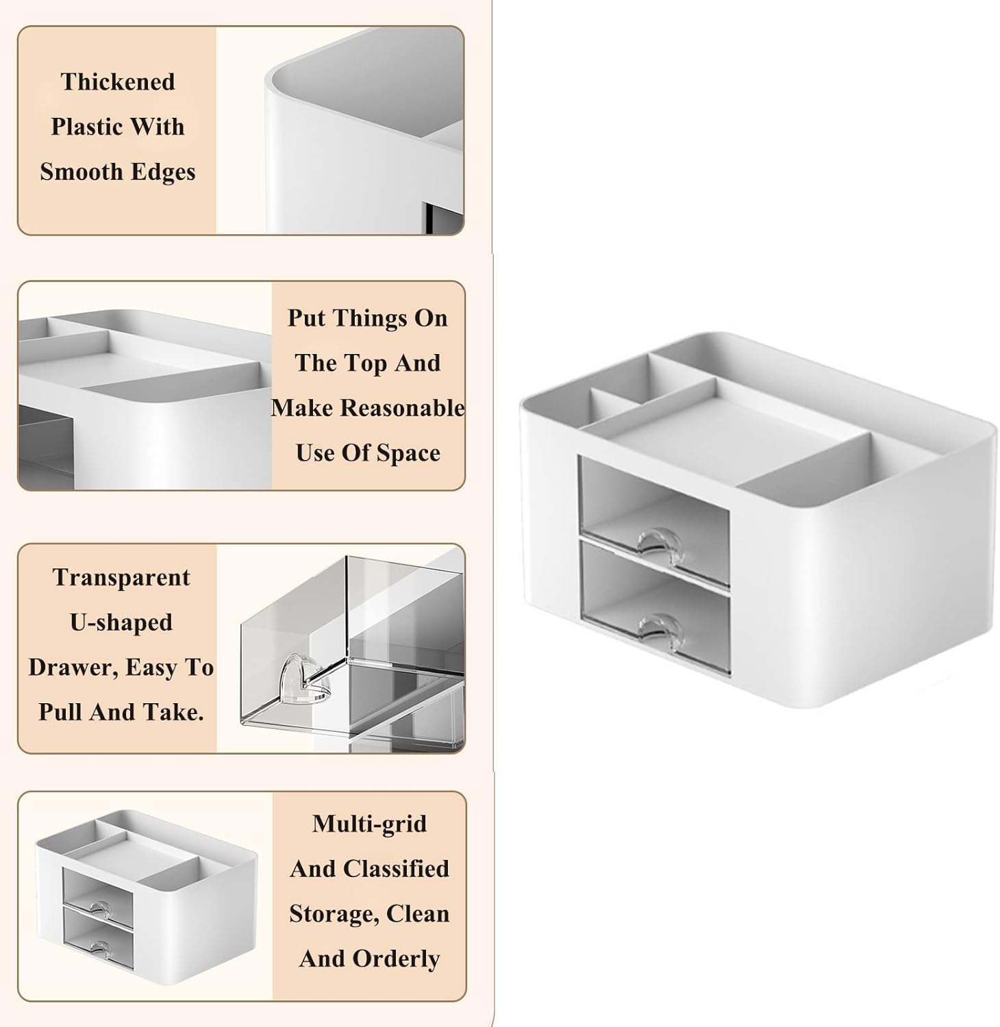 UCRAVO Multi-Functional Desk Organiser with 5 Compartments and 2 Drawer Desktop Office Supplies Stationery Storage Box Cosmetic Organizer for Ballpoint Pens Staplers Clips Sticky Notes - White