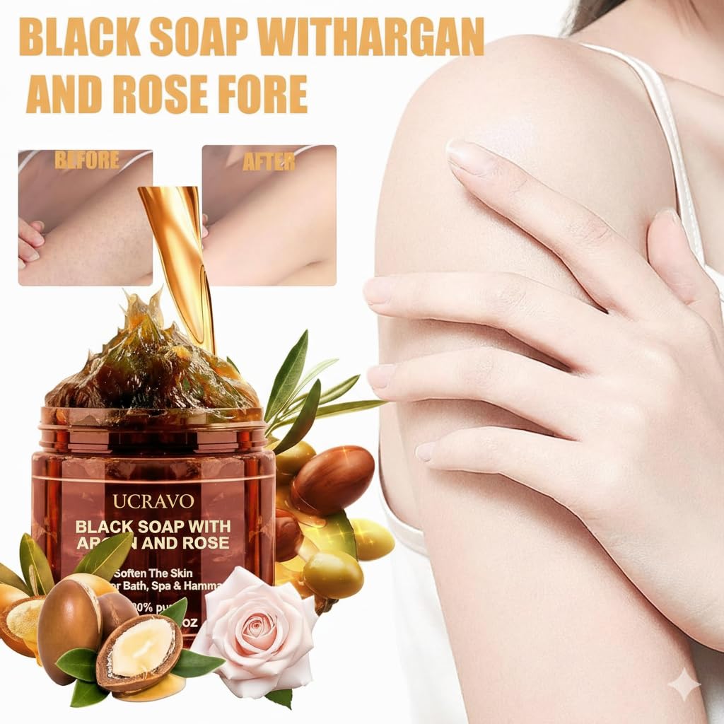 UCRAVO Moroccan Beldi Soap 200g | Natural Organic Black Soap for Body Scrub, Spa & Hammam Rituals | Deep Exfoliating Skin Cleanser Removes Dead Skin Cells | Traditional Moisturizing Savon Noir