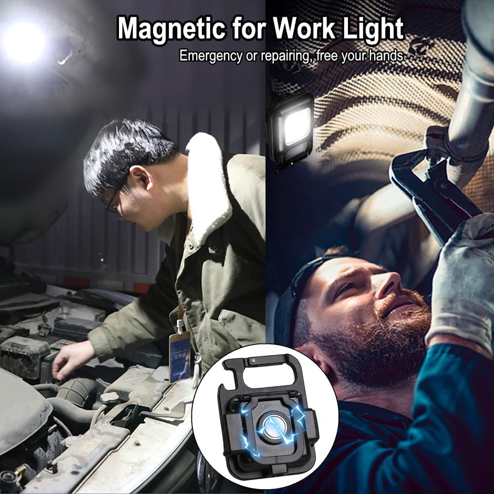 UCRAVO Mini LED Flashlight Keychain Torch COB Work Lights 500 Lumens Rechargeable Waterproof Portable Pocket Lamp with Magnetic Hook Bottle Opener for Camping Emergency Repairs Pack of 1