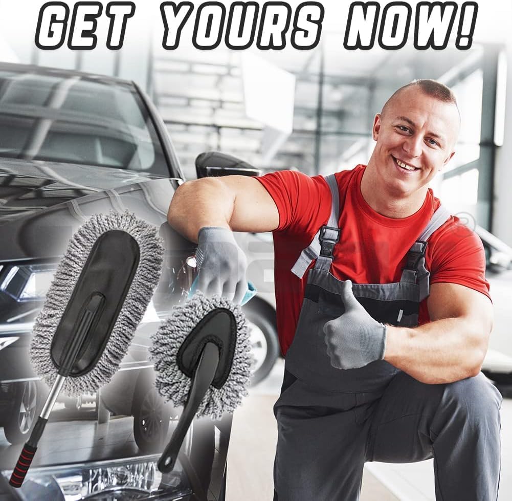 UCRAVO 9-Piece Car Cleaning Kit with Extendable Microfiber Duster | Glass Anti-Fog Spray & Oil Film Remover | Professional Tire & Hub Brush Set | Interior Detailing & Restoration Tool Kit