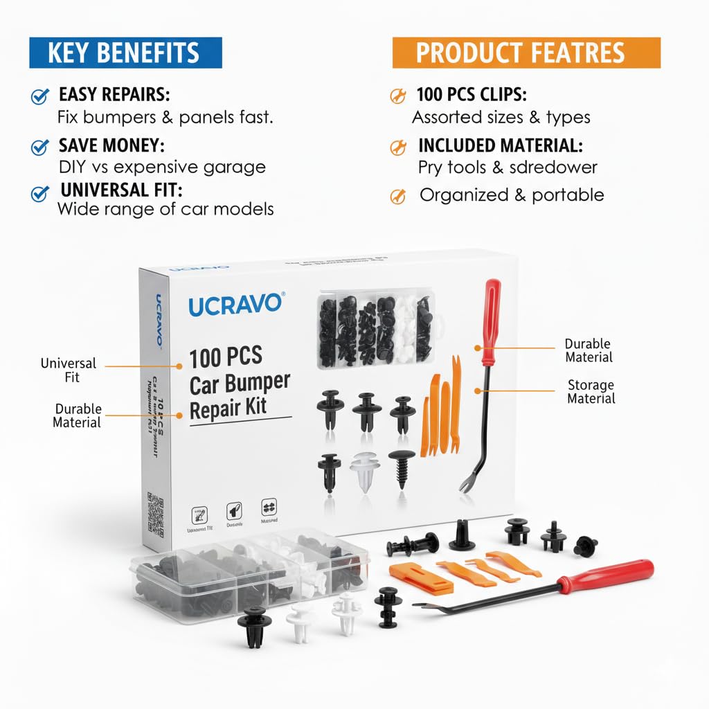 UCRAVO Car Bumper Repair Tool Kit 100 PCS Universal Car Bumper Clips,Door Trim Panel Retainer Clip,Plastic Rivets Push Fasteners with Fastener Remover Tools Interior Exterior Panel Fixing Repair Kits