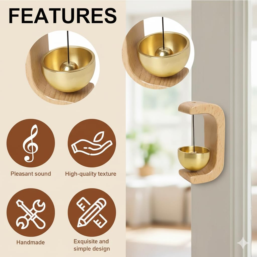 UCRAVO Beech Wooden Door Chime with Brass Bell Magnetic Bell for Home, Shop/Office Loud Clear Sound Shopkeeper Bell,Entry Alert Bell,Wooden Hanging Chime for Main Door,Housewarming Gift-Light Brown