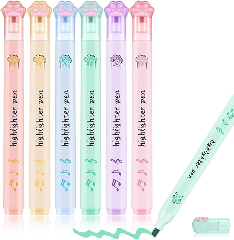 UCRAVO Cute Cat Paw Highlighter Set 6 PCS Single Tip Pastel Highlighter Pens Kawaii Aesthetic Stationery for Students Girls Kids Mild No Bleed Marker for School Supplies,Art Supplies Gift Set