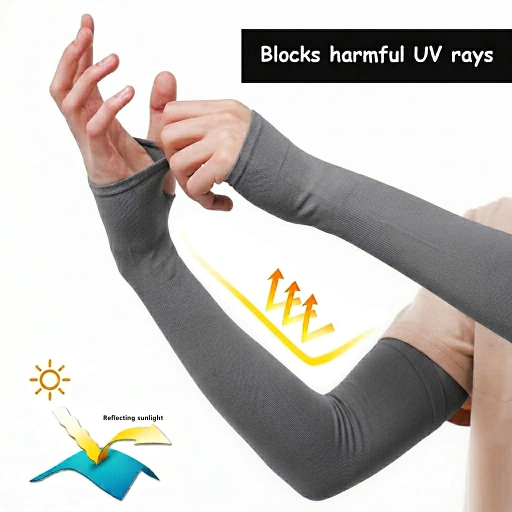 UCRAVO UV Protection Arm Sleeves with Thumb Holes for Men & Women, Cooling Nylon Sun Protection for Running, Cycling, Driving, Cricket & Outdoor Sports, Sweat-Wicking Breathable Guards (Grey, 1 Pair)