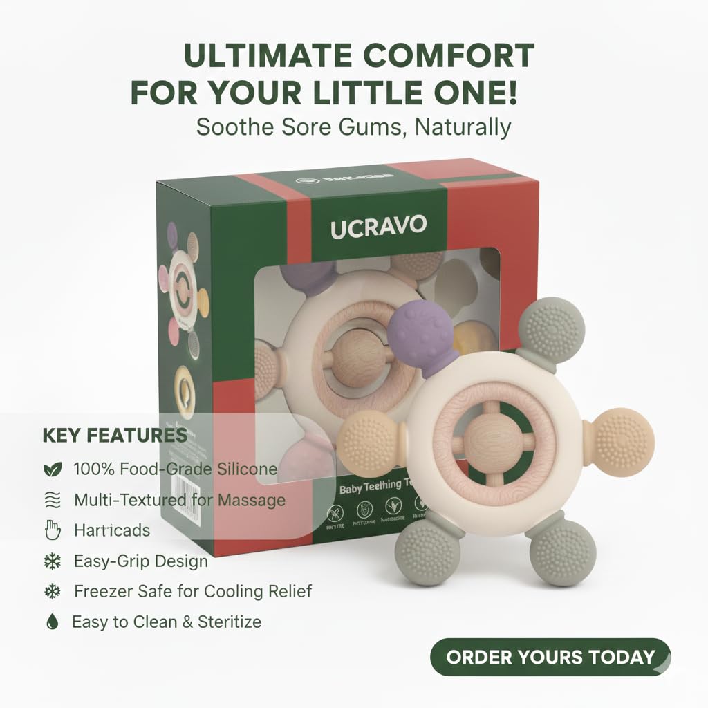 UCRAVO 2-in-1 Baby Teether Toy | Natural Neem Wood & Food-Grade Silicone Sensory Toy for Infants 3+ Months | BPA-Free Soft Teething Ring for Gum Relief | Safe Non-Toxic Antimicrobial Wood Baby Teether