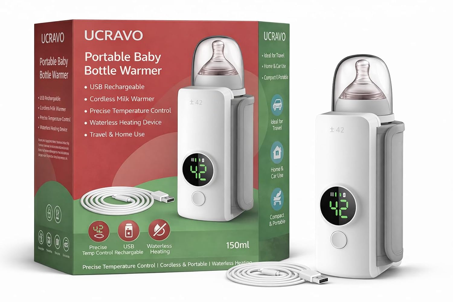 UCRAVO Portable Baby Bottle Warmer Rechargeable Cordless Warmer with Precise Temperature Control Waterless Fast Heating Bottle Heater for Breast Milk & Formula Travel Friendly On-The-Go Feeding Warmer