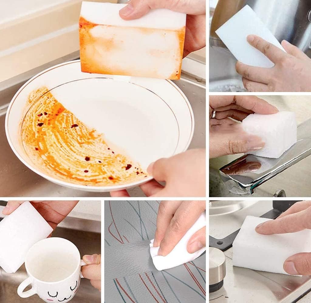 UCRAVO Magic Eraser Cleaning Sponge Pack of 6 No Scratch Multi-Surface 4X Stronger Removes 100+ Tough Stains Long Lasting Just Add Water, Kitchen Accessories Items for Home, Bathroom & Switch Boards