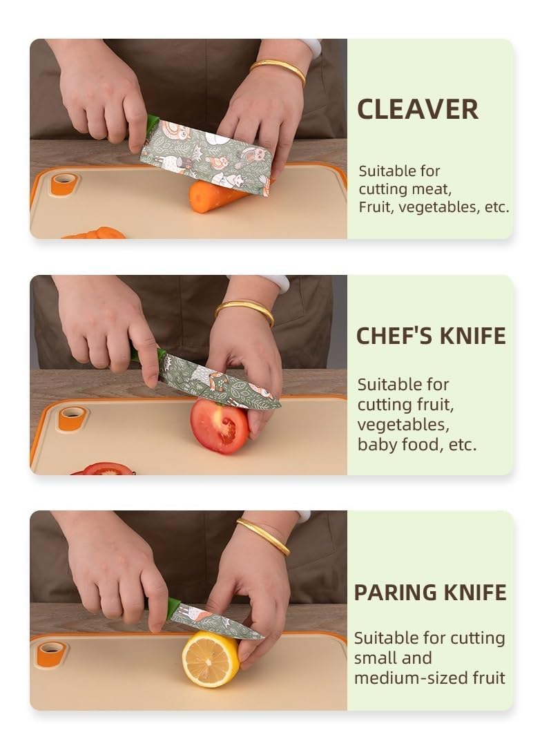 UCRAVO 3 Pcs Green Professional Kitchen Knife Set, Colorful Stainless Steel Chef Utility, Paring Knife, Razor Sharp Multipurpose Knives for Cutting Vegetables, Fruits, Bread with Non Slip Handle
