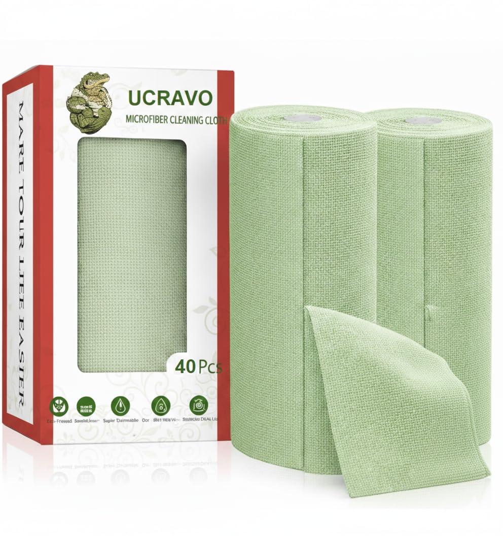 UCRAVO 2 Roll 40pcs Microfiber Cleaning Cloth Roll - Reusable & Washable Paper Towel Sheets | Tear-Away Kitchen Cleaning Towels for Home Car Utensils Glass & Surfaces | Super Absorbent Multi-Use Wipes